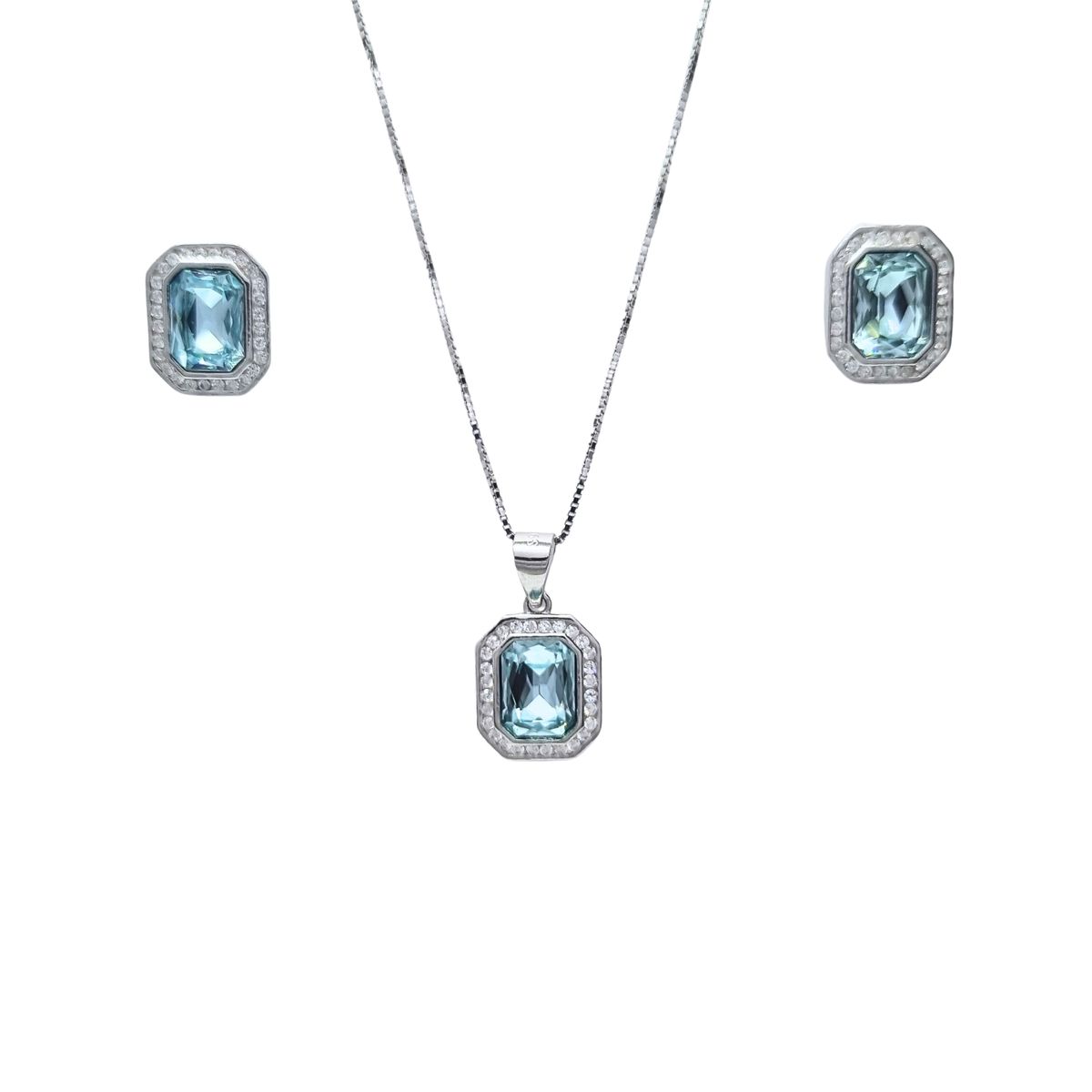 JOYAS LANDEROS - Collar + Aros Rectangular Agua Marina Rodinado 45cm Plata 925