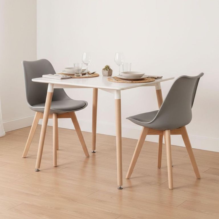 Comedor Mesa Aroa Blanca 80x80 cm + 2 Sillas Tulip Gris Gris claro