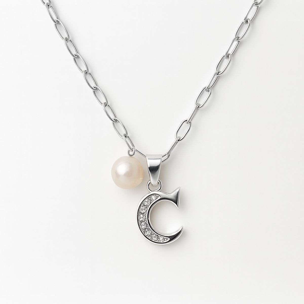 LK LUKSO - Collar Letra C Circón Perla De Rio Plata Ley 925