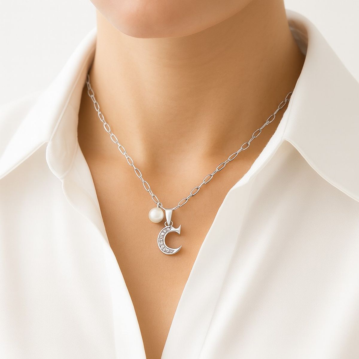 LK LUKSO - Collar Letra C Circón Perla De Rio Plata Ley 925
