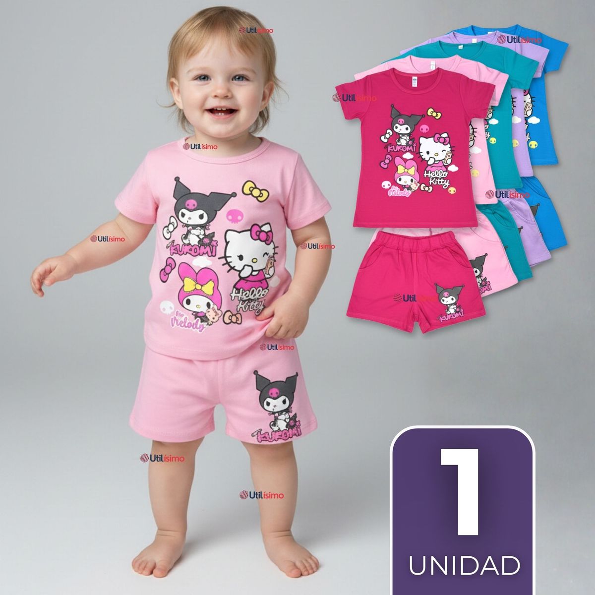 JUMP KIDS - Conjunto Sanrio 100% Algodón Polera Pantalón Corto Niña Kuromi Hello Kitty My Melody