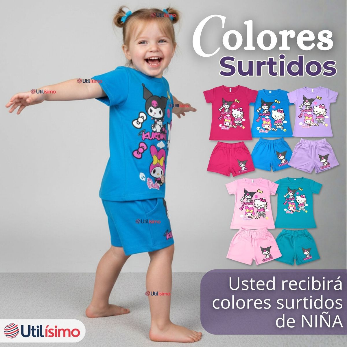 JUMP KIDS - Conjunto Sanrio 100% Algodón Polera Pantalón Corto Niña Kuromi Hello Kitty My Melody