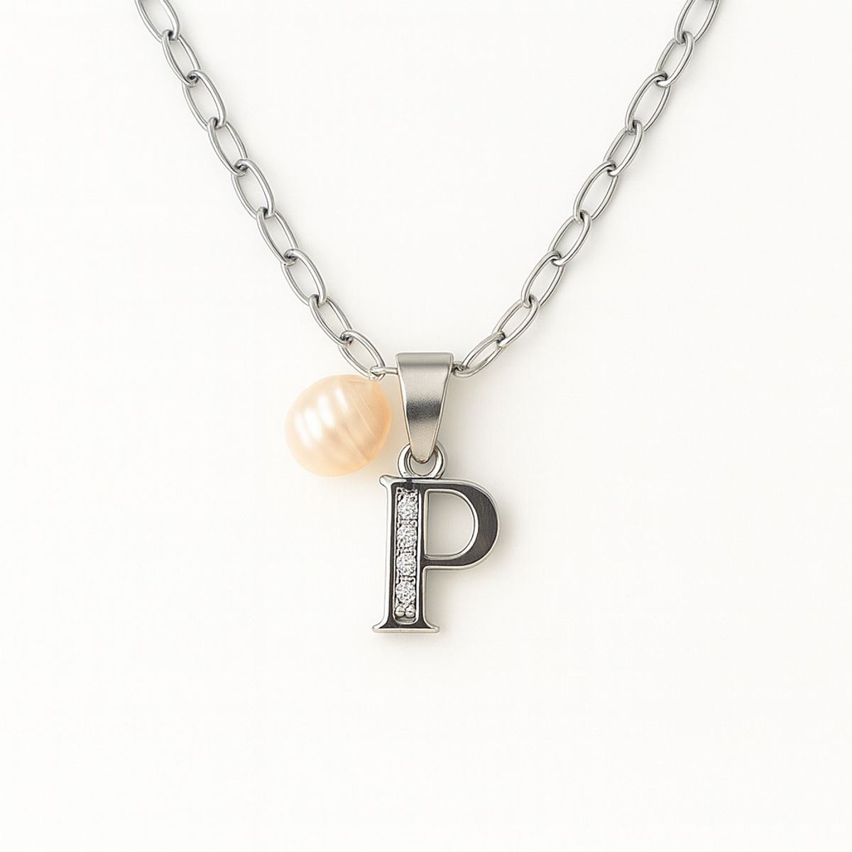 LK LUKSO - Collar Letra P Circón Perla De Rio Plata Ley 925