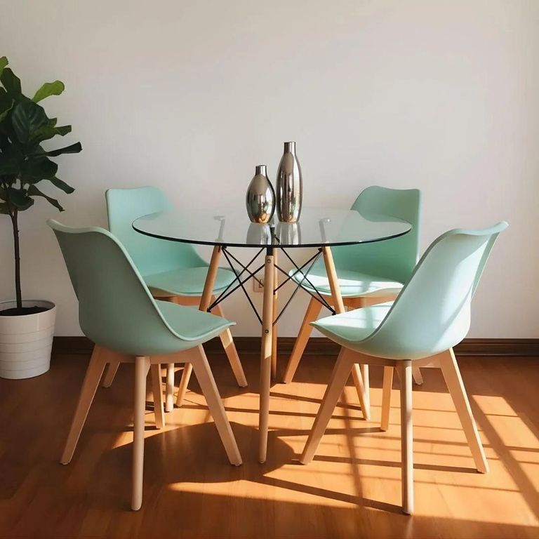 Comedor Mesa Redonda Elida 80cm + 4 Sillas Tulip Menta Verde menta