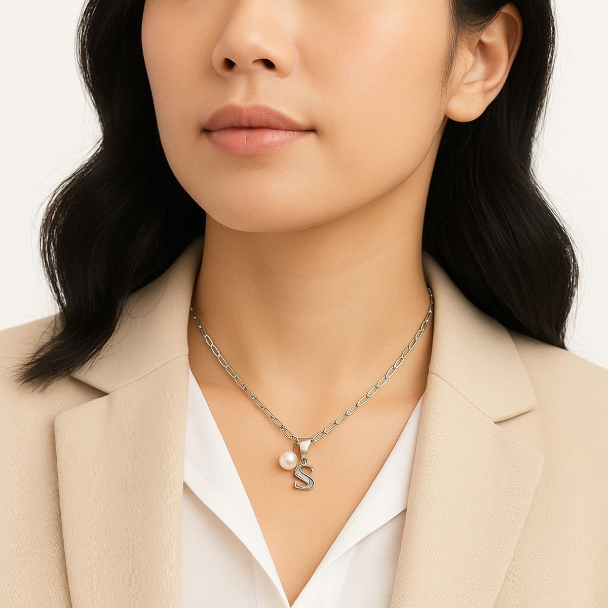 LK LUKSO - Collar Letra S Circón Perla De Rio Plata Ley 925