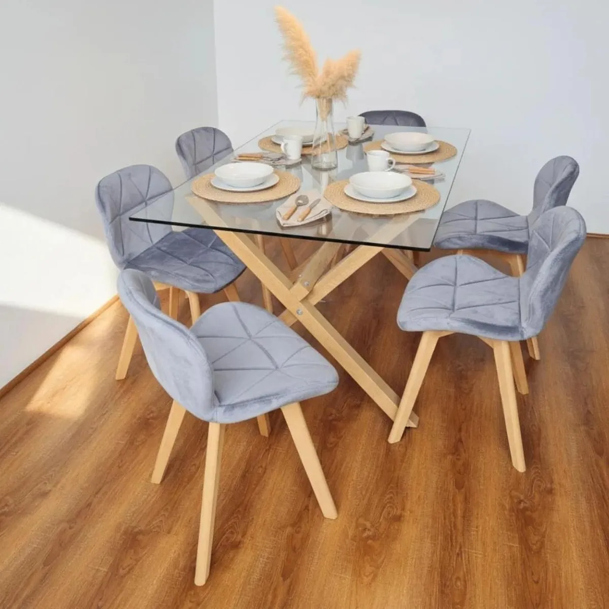 PANDALINO - Comedor Moderno Mesa Xinia 140x90 + 6 Sillones Rubik Velvet Gris