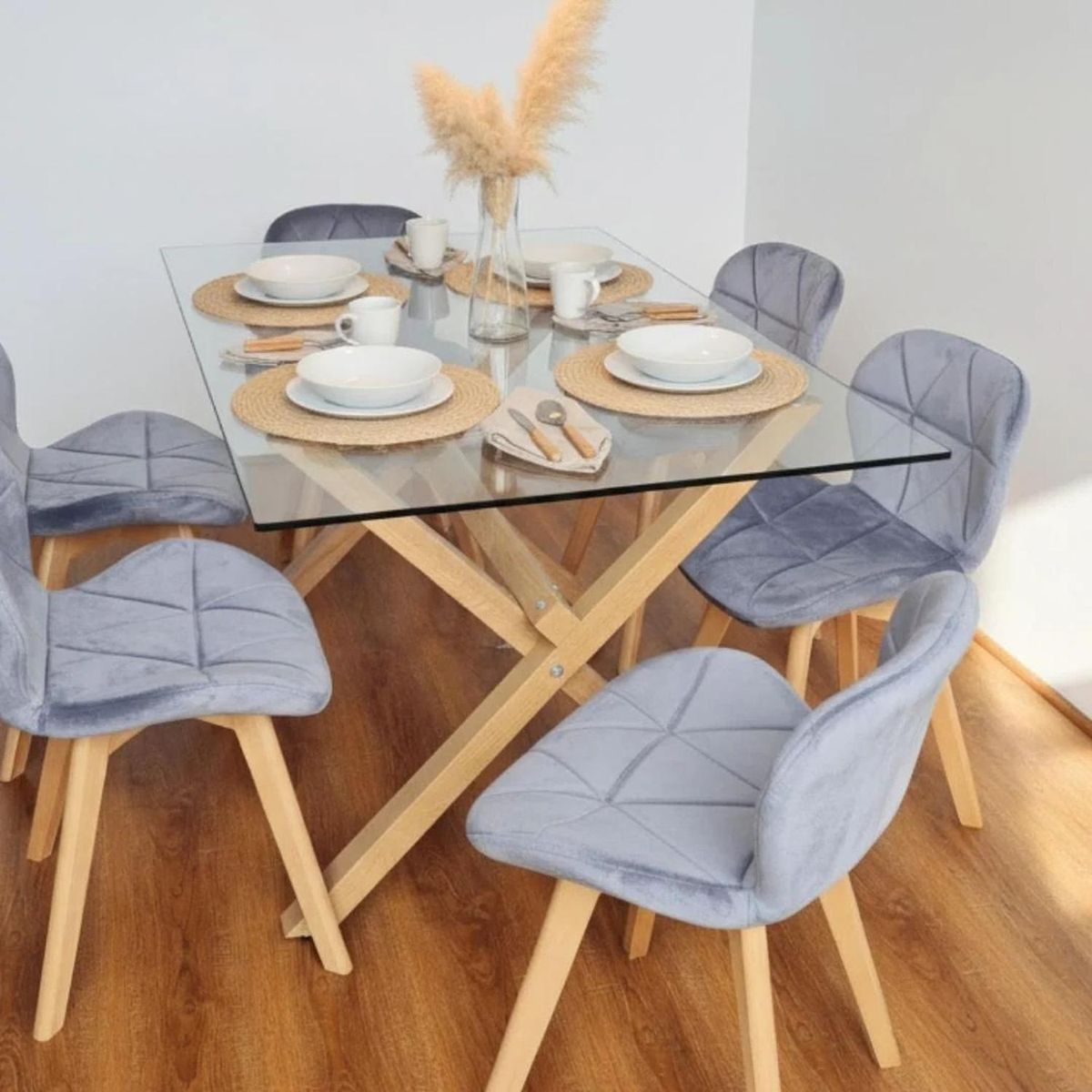 PANDALINO - Comedor Moderno Mesa Xinia 140x90 + 6 Sillones Rubik Velvet Gris