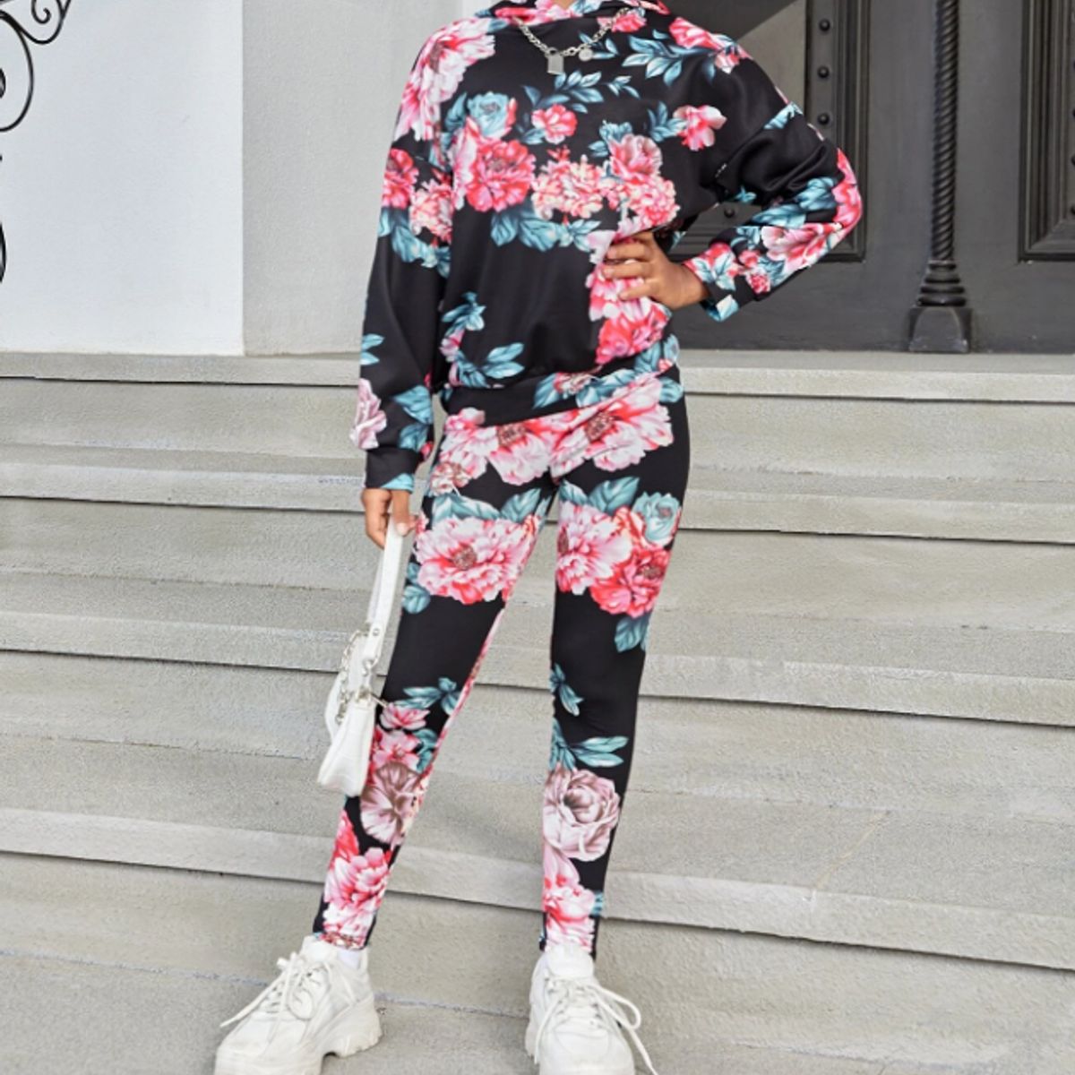 KIRAMA CLOTHING STORE - Conjunto Infantil Floral  Sudadera con Capucha + Leggings Estampados