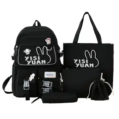 GENERICO - Mochila De Colegio Kawaii Harajuku - 5 Piezas - Negra
