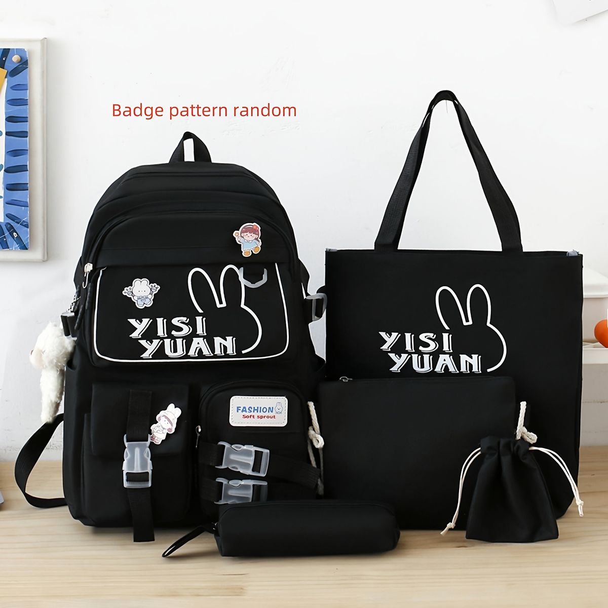 GENERICO - Mochila De Colegio Kawaii Harajuku - 5 Piezas - Negra