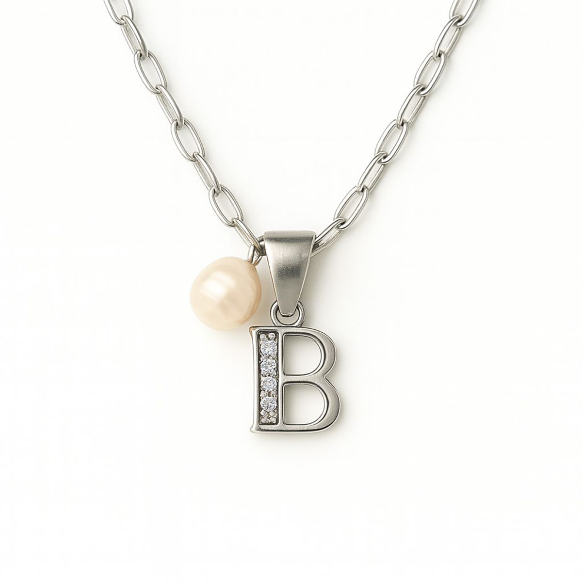 LK LUKSO - Collar Letra B Circón Perla De Rio Plata Ley 925