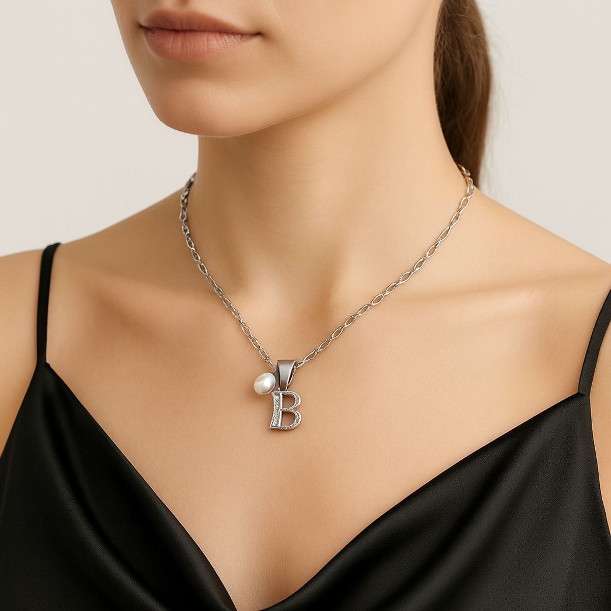 LK LUKSO - Collar Letra B Circón Perla De Rio Plata Ley 925