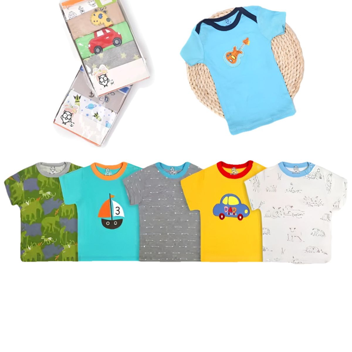 BEBEPELU - Pack 5 Poleras Manga Corta Algodon Bebe Surtido Niño Bebepelu