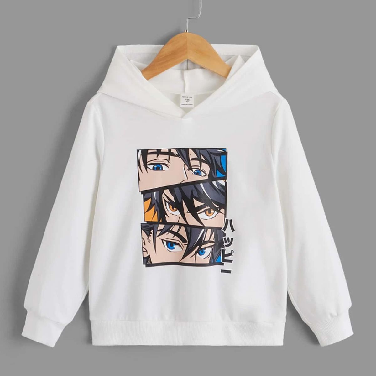 KIRAMA CLOTHING STORE - Hoodie Infantil Blanco “Happy Eyes”  Estilo Casual con Arte Japonés