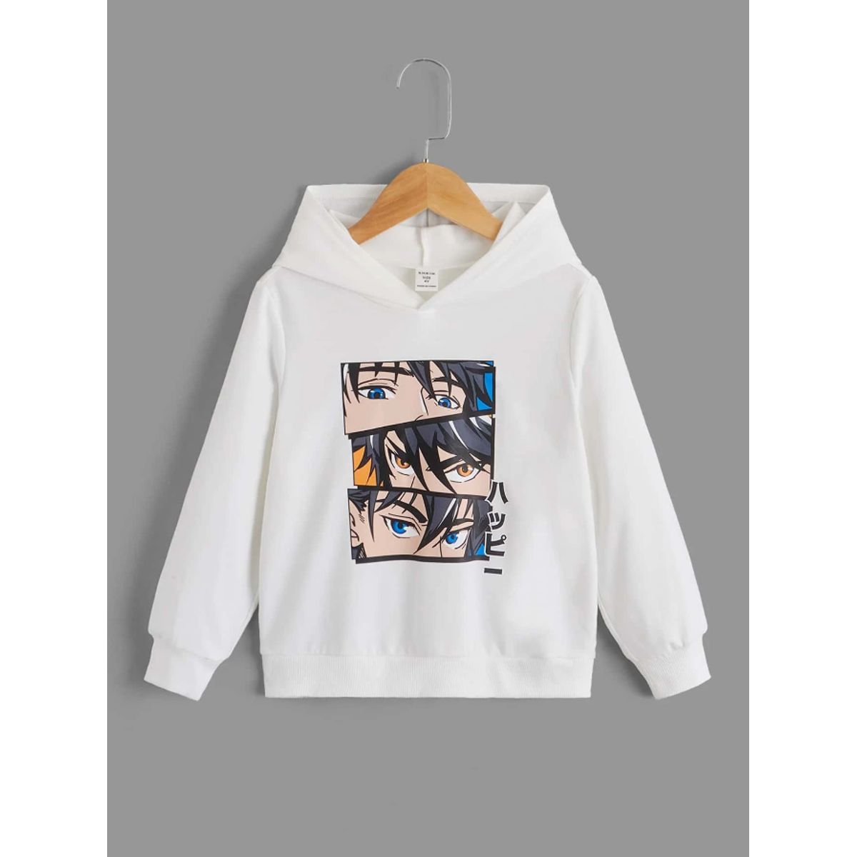 KIRAMA CLOTHING STORE - Hoodie Infantil Blanco “Happy Eyes”  Estilo Casual con Arte Japonés
