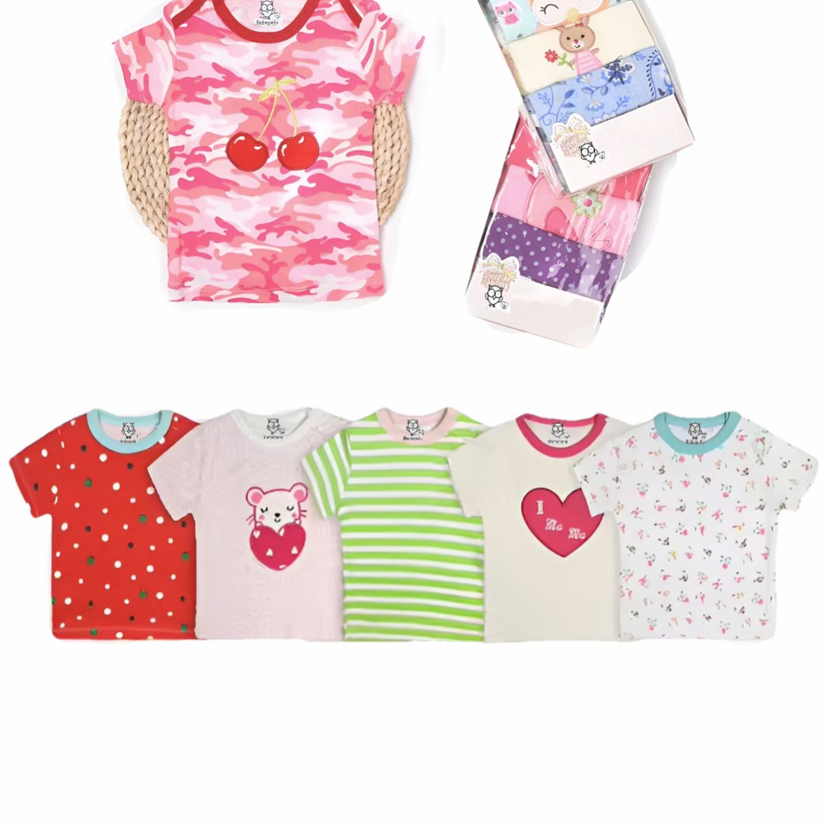 BEBEPELU - Pack 5 Poleras Manga Corta Bebe Algodón Surtido Niña Bebepelu