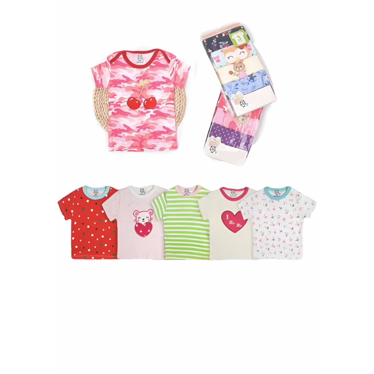 BEBEPELU - Pack 5 Poleras Manga Corta Bebe Algodón Surtido Niña Bebepelu