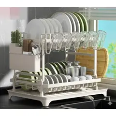 GENERICO - RACK ESCURRIDOR DE PLATOS 2 NIVELES BLANCIO FIERRO CROMADO CON DESAGUE