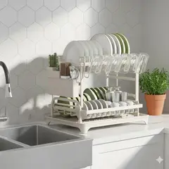 GENERICO - RACK ESCURRIDOR DE PLATOS 2 NIVELES BLANCIO FIERRO CROMADO CON DESAGUE MP