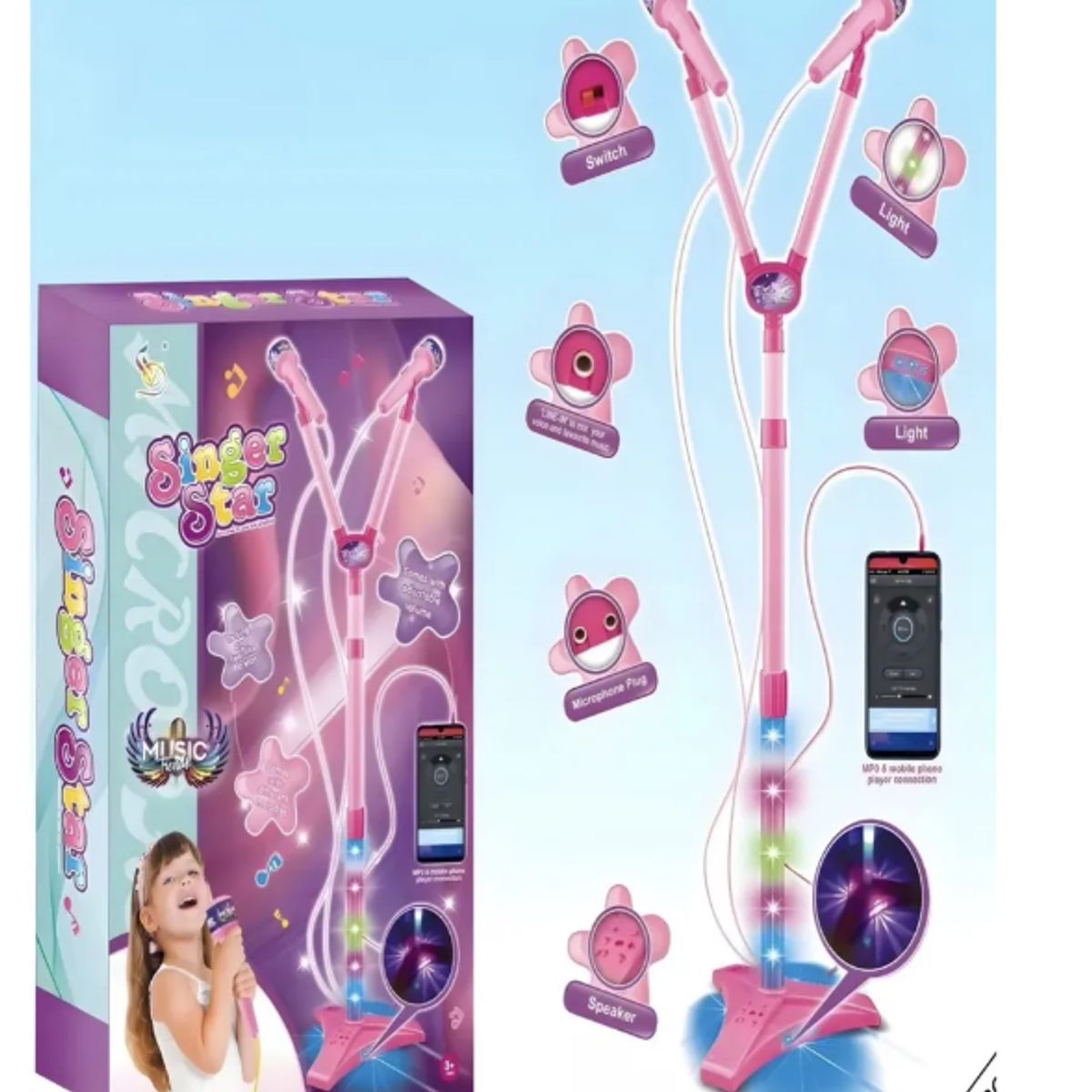 GENERICO - Micrófono Doble Star Party Led Pedestal Para Niñas