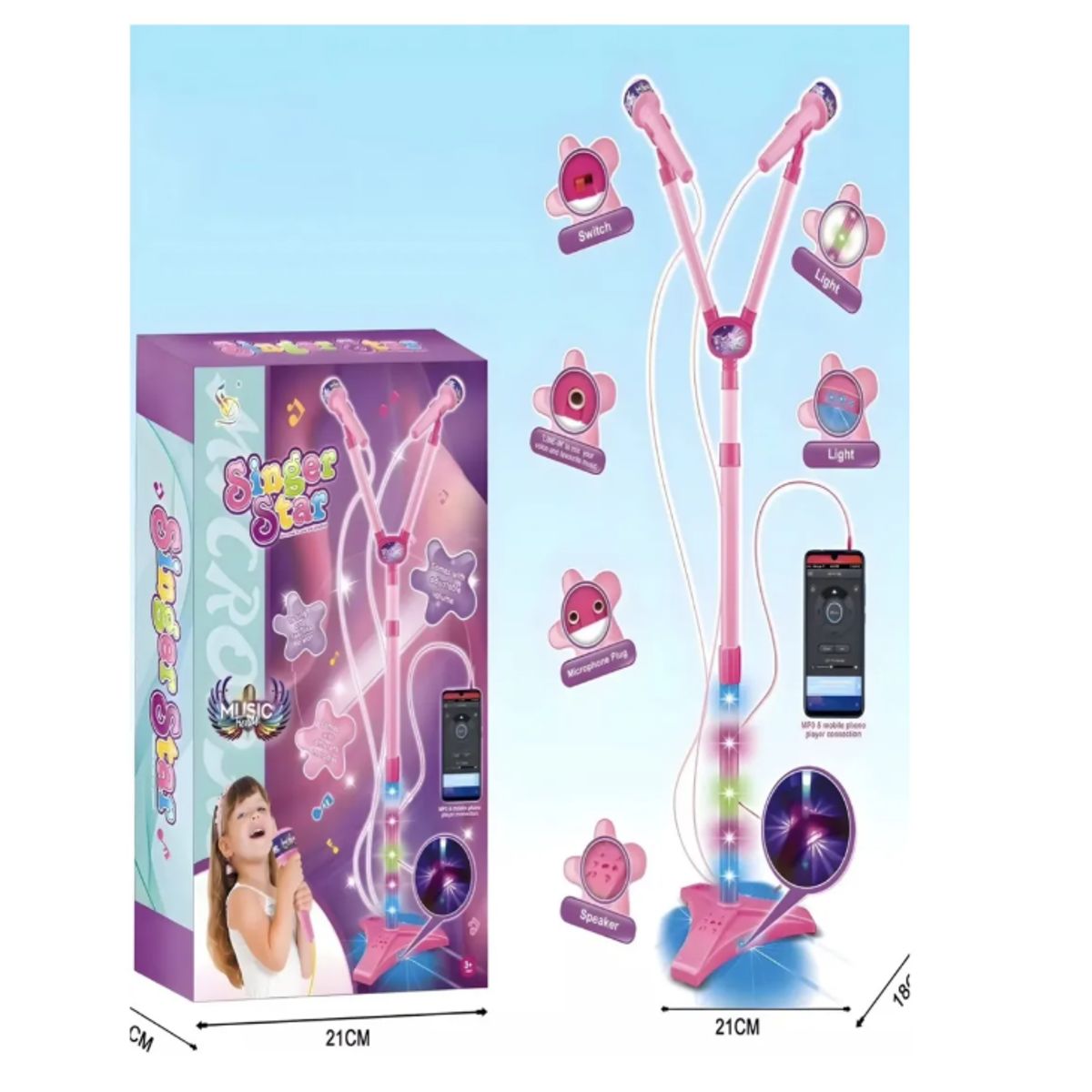 GENERICO - Micrófono Doble Star Party Led Pedestal Para Niñas