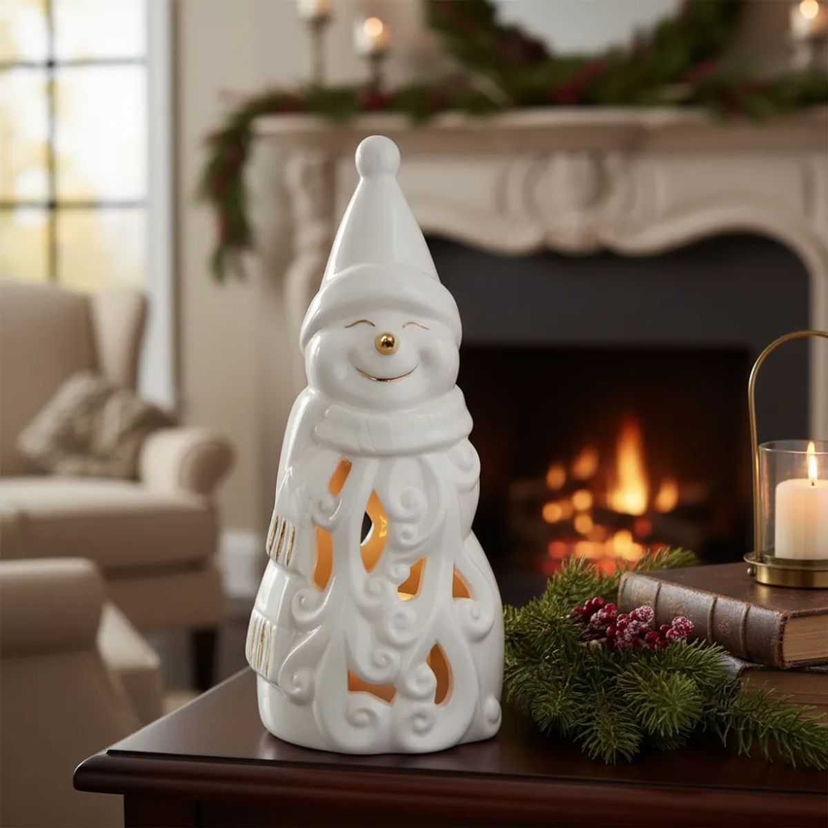 GENERICO - Adorno Muñeco De Nieve Led Cerámica 21 Cm Navidad Decoración