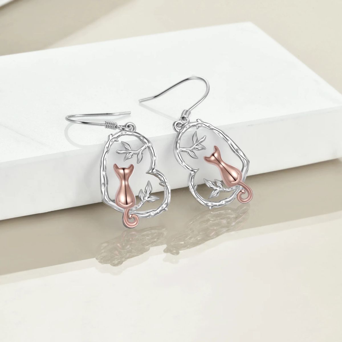 GENERICO - Aros gato rosa flor plata 925 mujer joya juvenil