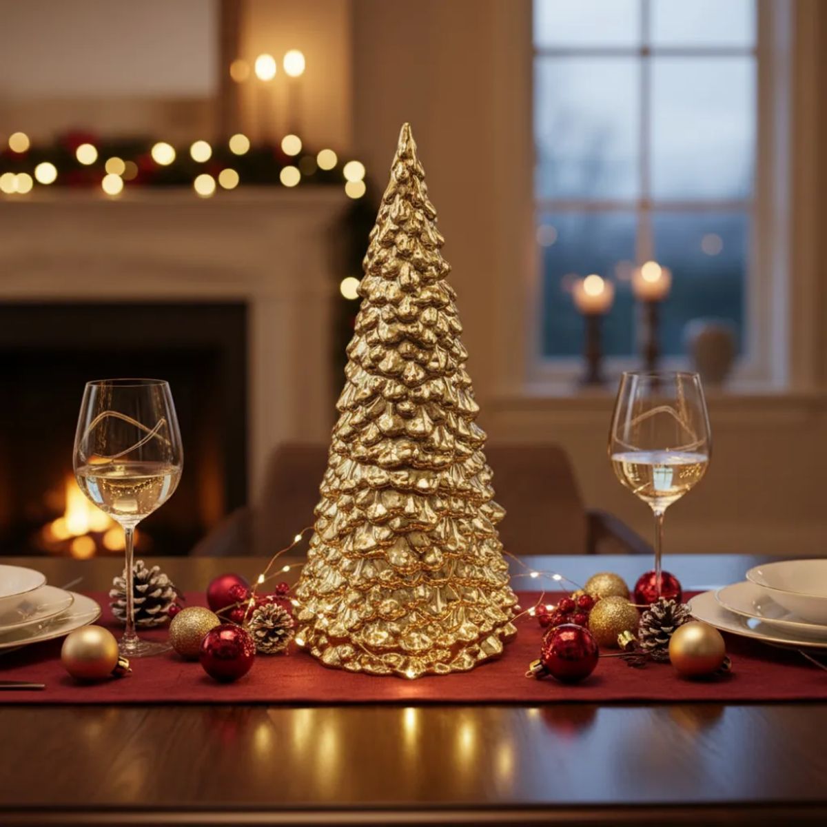 GENERICO - Adorno Árbol Pino Dorado Cerámica 26 Cm Navidad Decoración