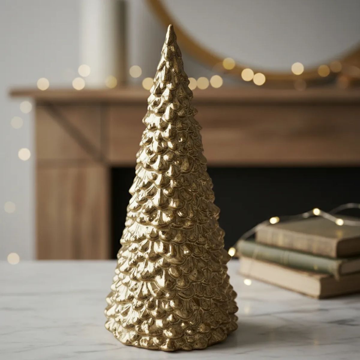 GENERICO - Adorno Árbol Pino Dorado Cerámica 26 Cm Navidad Decoración