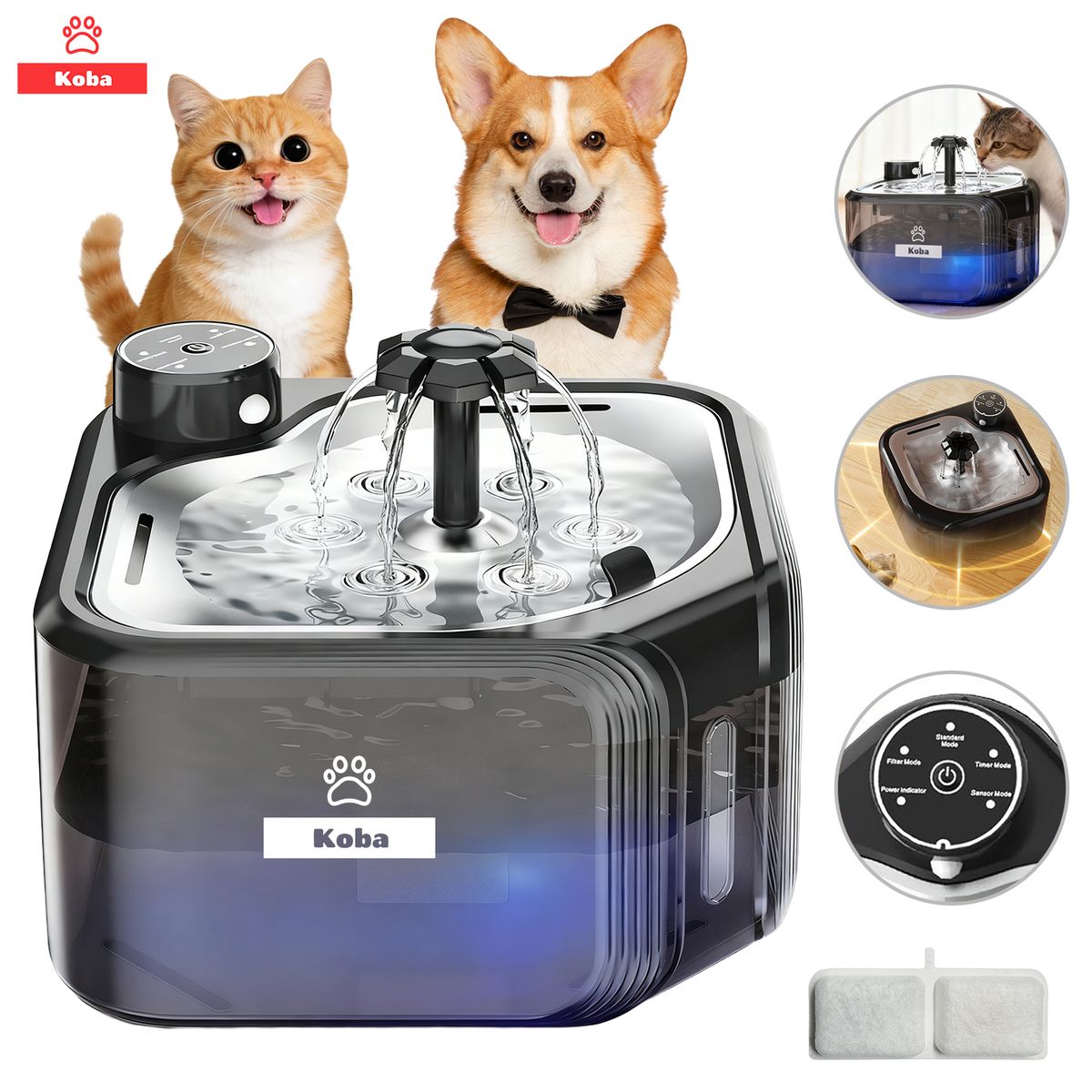 KOBA - Bebedero Para Mascota Con Sensor Fuente Agua 2800ml Gatos Perros Color Negro KOBA