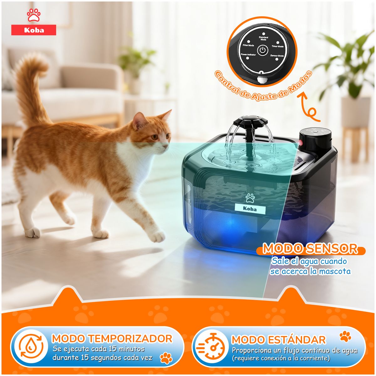KOBA - Bebedero Para Mascota Con Sensor Fuente Agua 2800ml Gatos Perros Color Negro KOBA