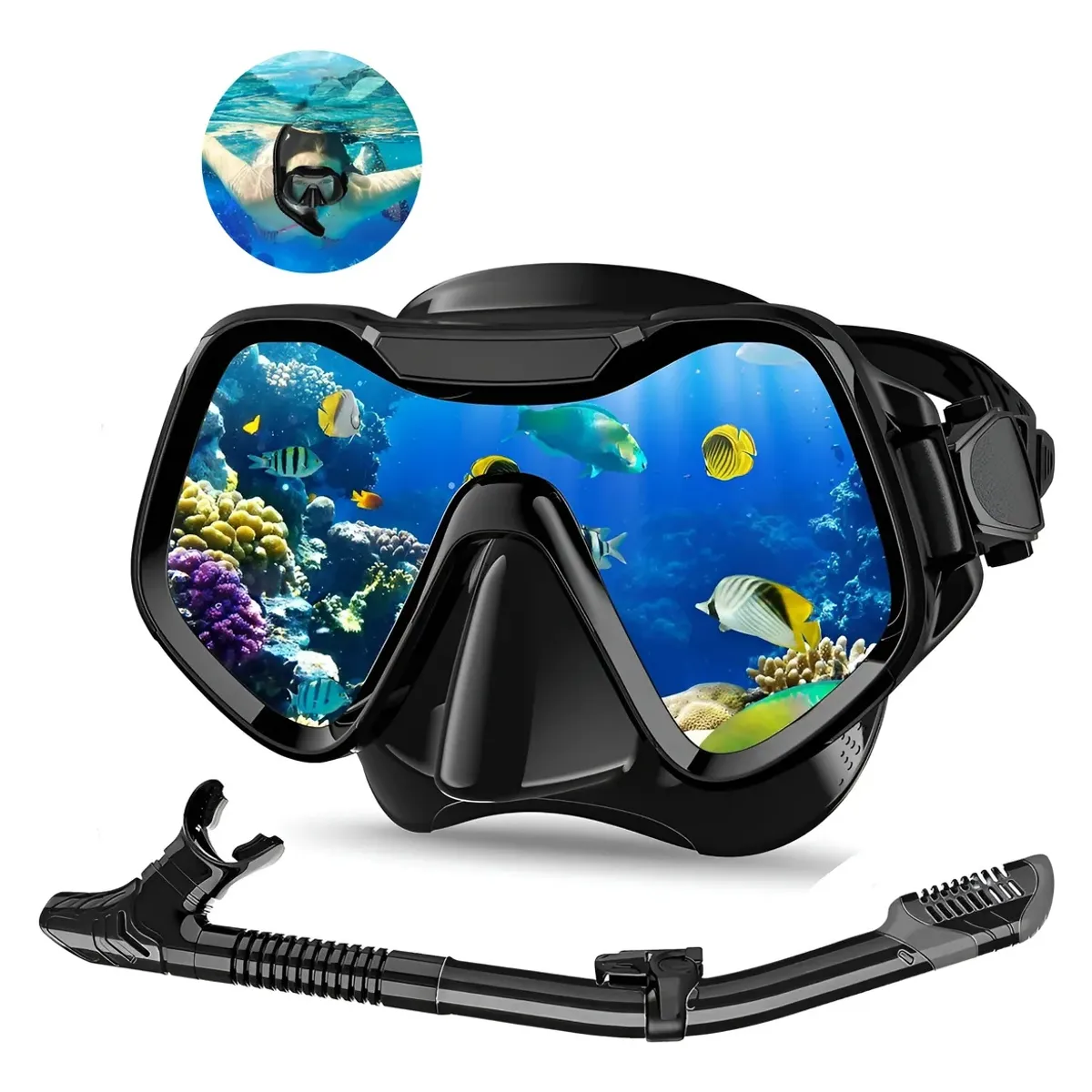 KUANGYE - Kit Buceo Mascara Snorkel Profesional Ajustable Full Vision Para Snorkel Natación Negro