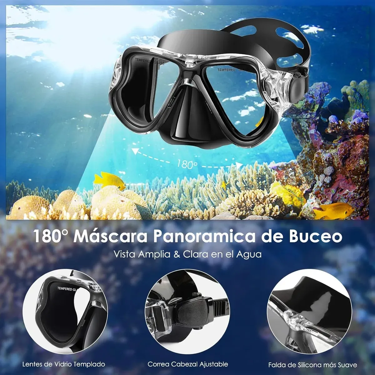 KUANGYE - Kit Buceo Mascara Snorkel Profesional Ajustable Full Vision Para Snorkel Natación Negro