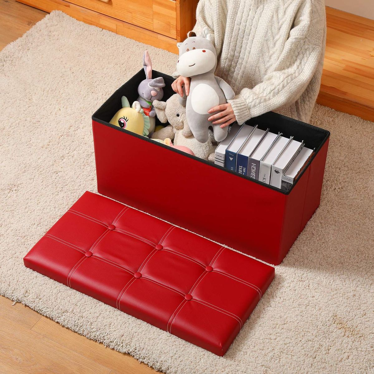 SOHOGAR - Baúl otomano plegable de ecocuero rojo