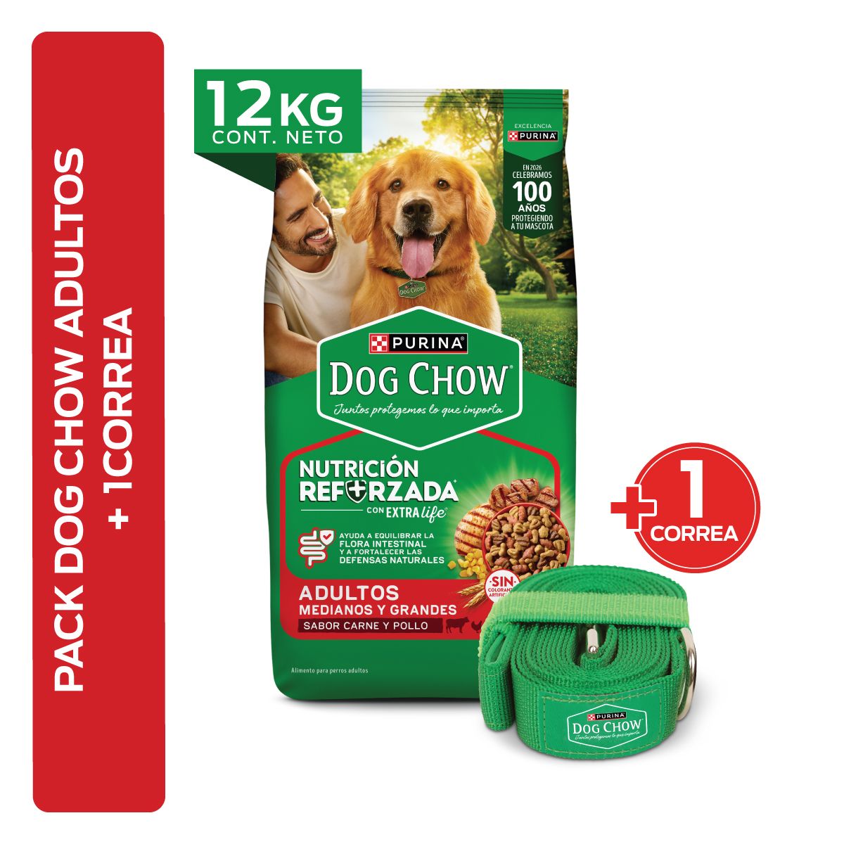 DOG CHOW - Pack Alimento perro Dog Chow Adulto MedGrande 12kg + Correa