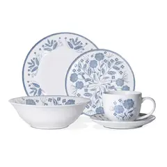 HALLEN - Juego de Vajilla 30 Piezas de Porcelana Decorada Modelo Hannah Diseño Floral Azul
