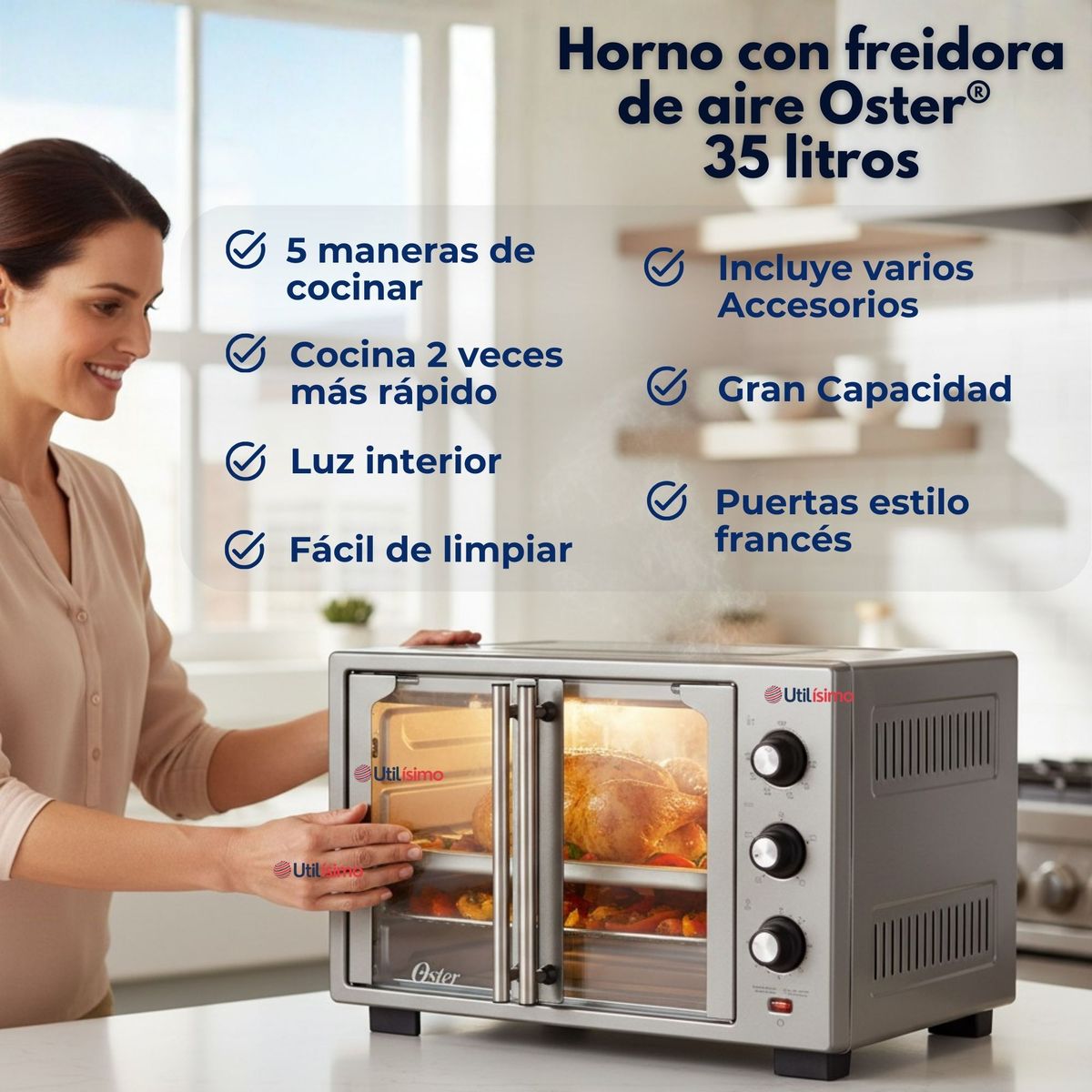 OSTER - Horno con freidora de aire Oster® de 35 litros, puertas francesas, TSSTTV35FDMAFNS