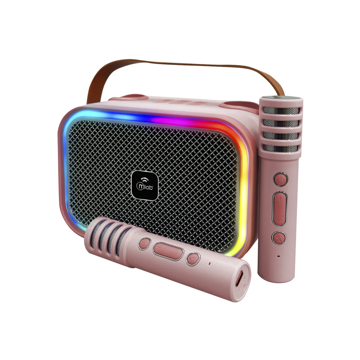 MLAB - Mini Parlante Karaoke Infantil Luces Con 2 Microfonos Inalambricos Mlab 9589 Rosado