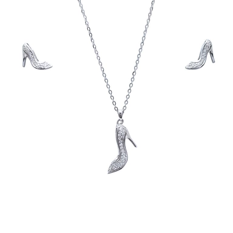 Collar + Aros Rectangular Zapato Rodinado 45cm Plata 925 Plateado 45