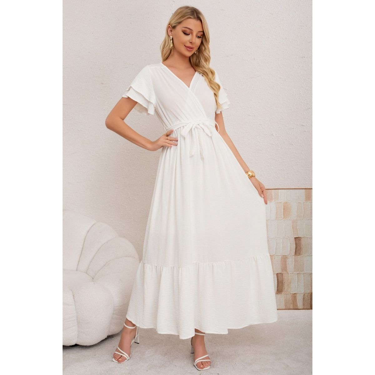 LIKE SHOP - Vestido Largo Mujer Primavera Verano Manga Corta. Abertura, Cuello V 3385