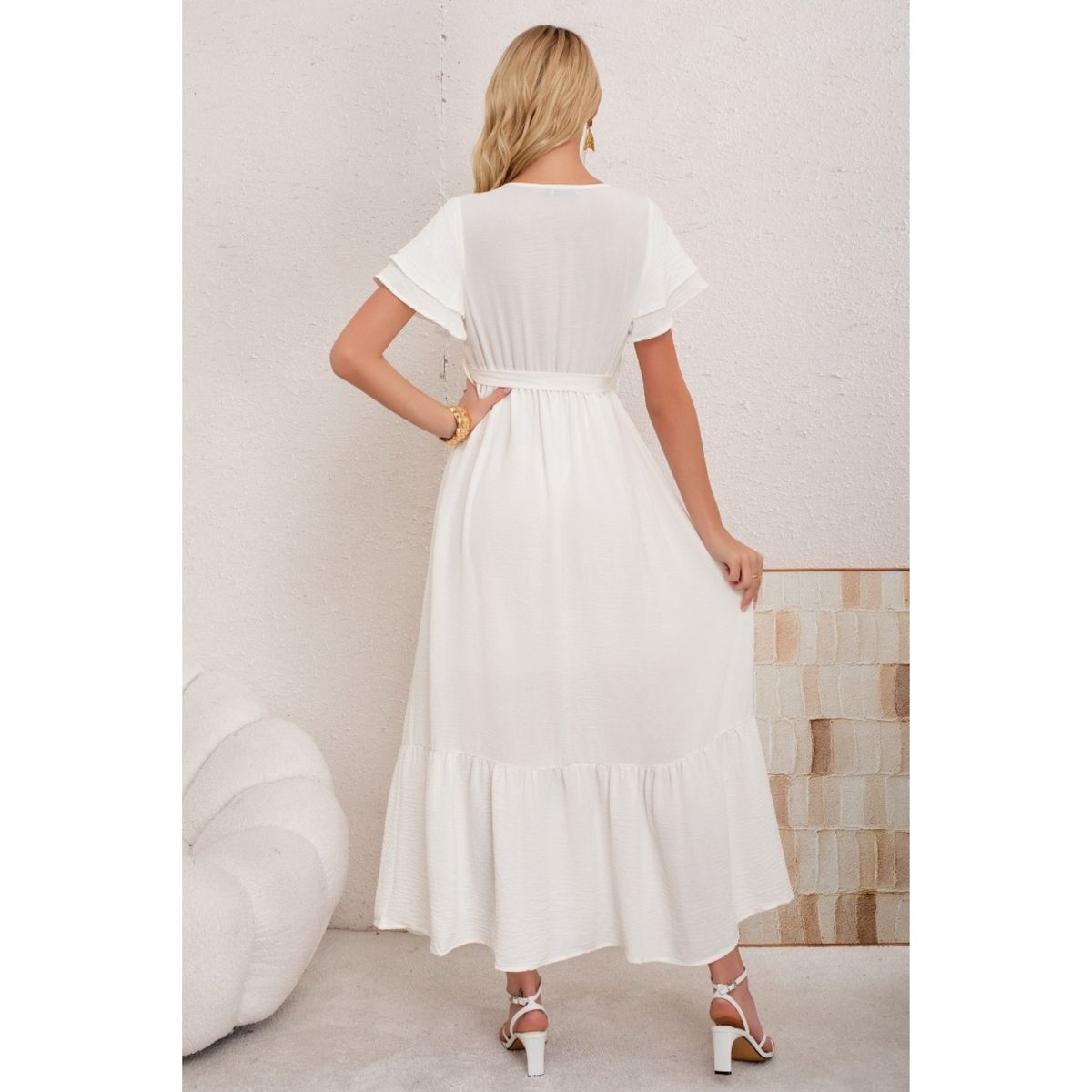 LIKE SHOP - Vestido Largo Mujer Primavera Verano Manga Corta. Abertura, Cuello V 3385