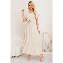 LIKE SHOP - Vestido Largo Mujer Primavera Verano Manga Corta. Abertura, Cuello V 3385