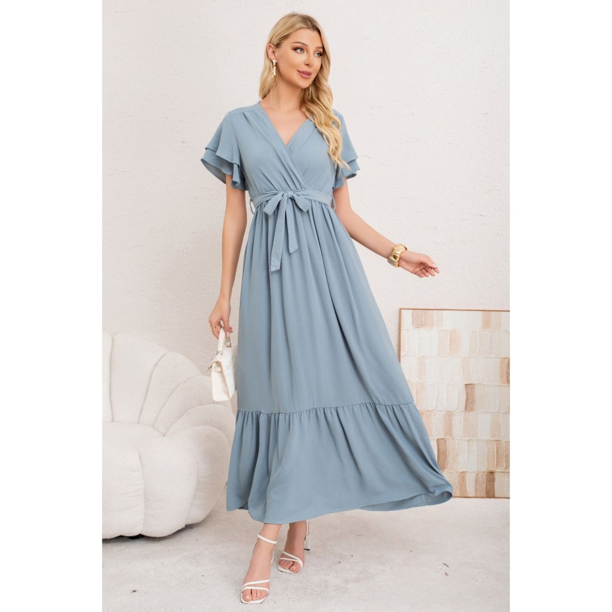 LIKE SHOP - Vestido Largo Mujer Primavera Verano Manga Corta. Abertura, Cuello V 3385