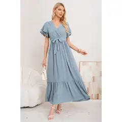 LIKE SHOP - Vestido Largo Mujer Primavera Verano Manga Corta. Abertura, Cuello V 3385