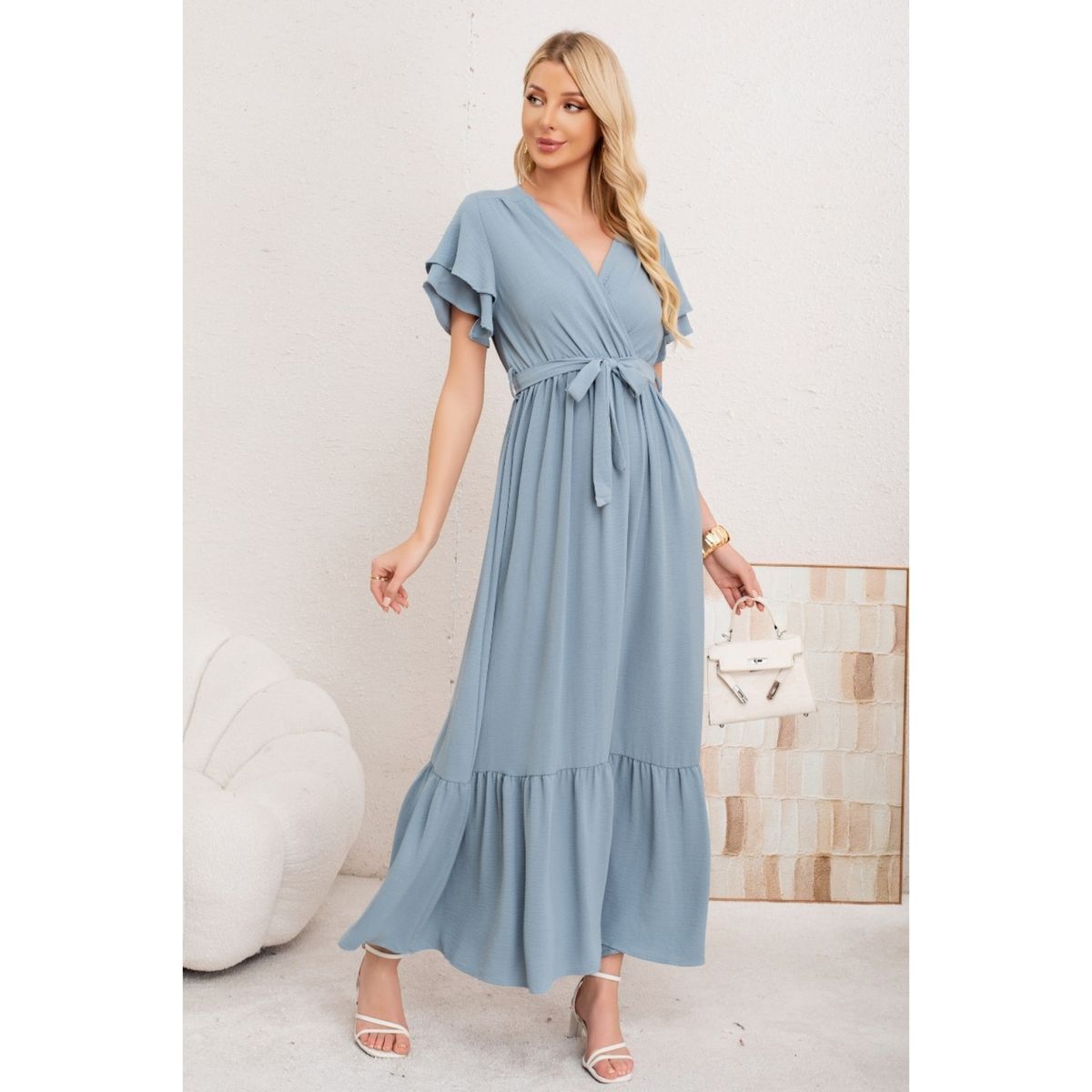 LIKE SHOP - Vestido Largo Mujer Primavera Verano Manga Corta. Abertura, Cuello V 3385