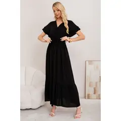 LIKE SHOP - Vestido Largo Mujer Primavera Verano Manga Corta. Abertura, Cuello V 3385