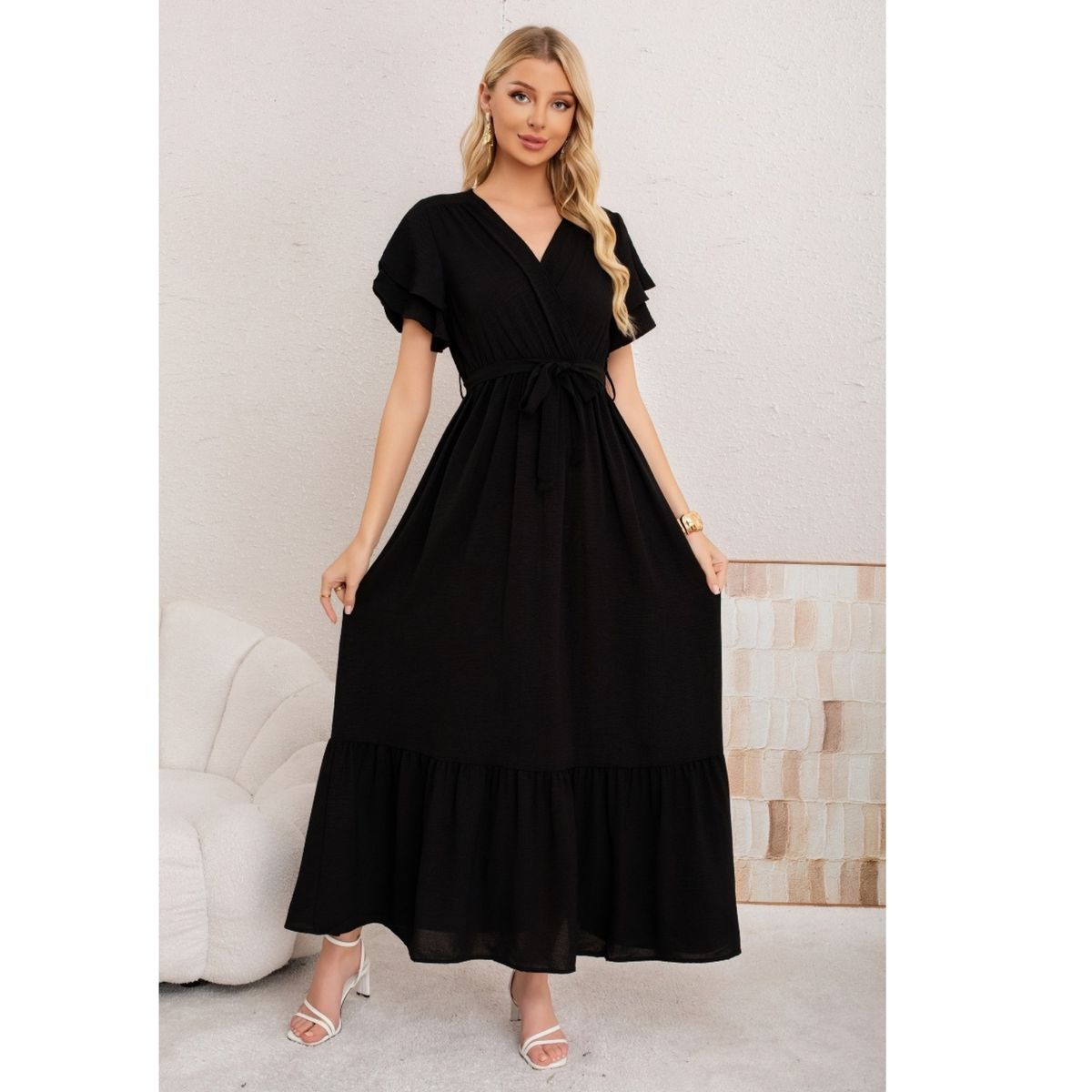 LIKE SHOP - Vestido Largo Mujer Primavera Verano Manga Corta. Abertura, Cuello V 3385