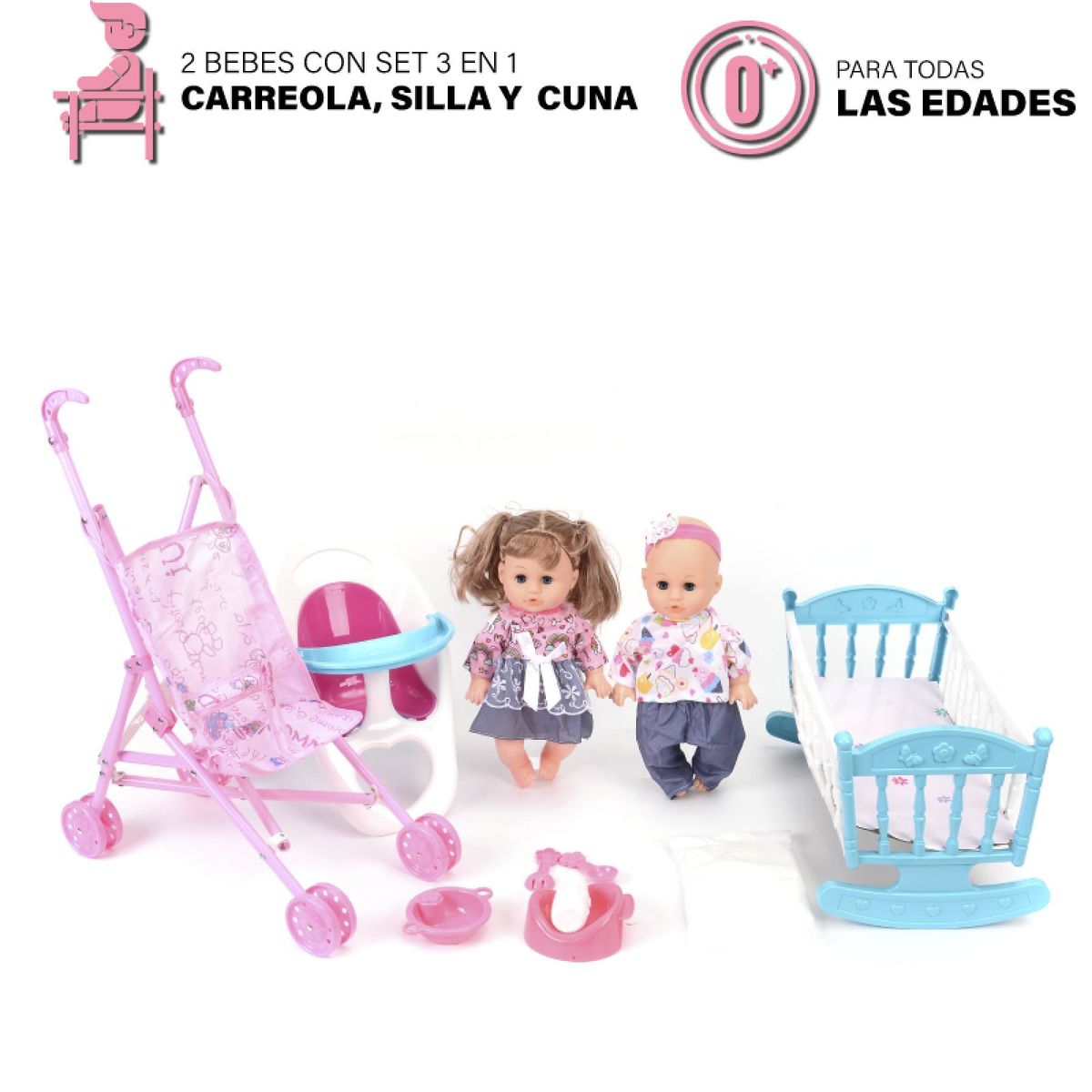 GENERICO - PAR DE MUÑECAS BEBE 5 EN 1 COCHE CUNA