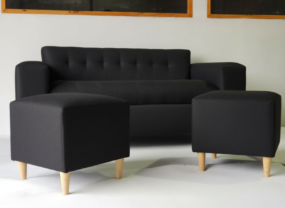SOFA DOS CUERPOS MAS DOS PUFF NEGRO LINO