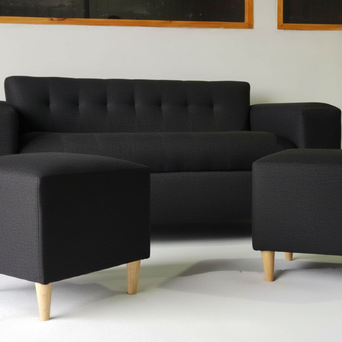 MUEBLES NEW - SOFA DOS CUERPOS MAS DOS PUFF NEGRO LINO